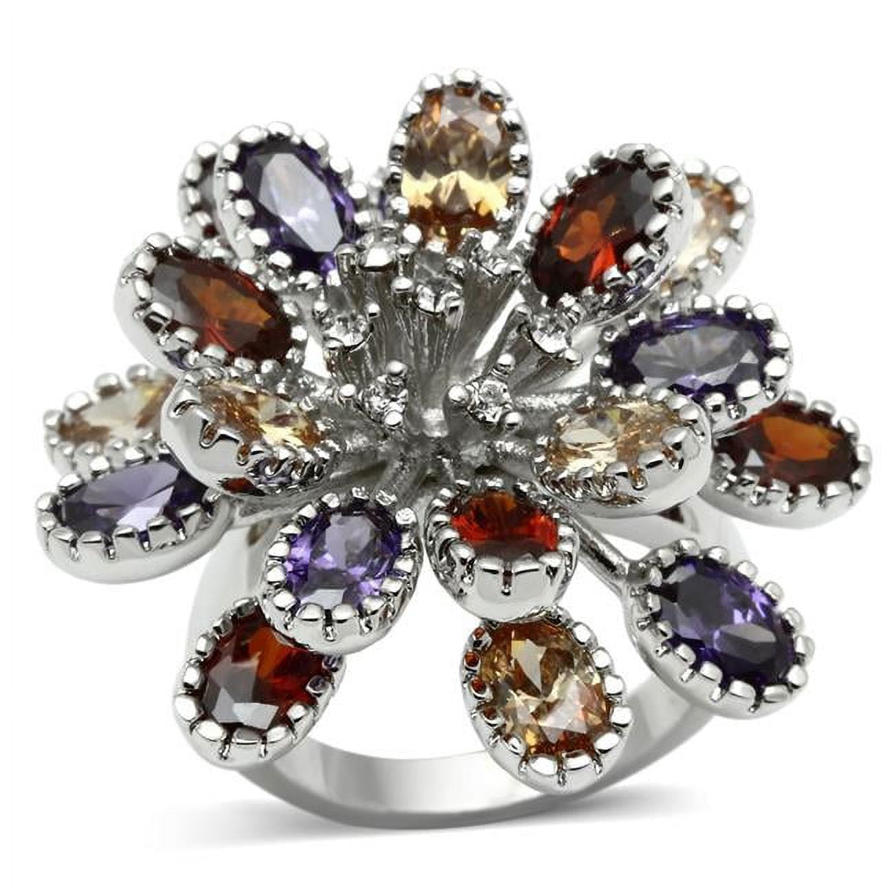 Women Rhodium Brass Ring with AAA Grade CZ in Multi Color - Size 8
