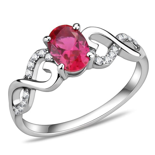 Women High Polished Stainless Steel Ring with AAA Grade CZ in Ruby - Size 6