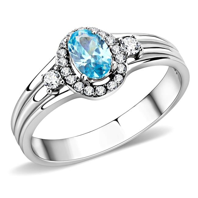 Women High Polished Stainless Steel Ring with AAA Grade CZ in Sea Blue - Size 6