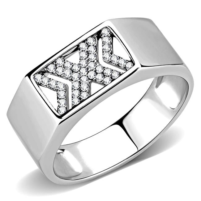 Men High Polished Stainless Steel Ring with AAA Grade CZ in Clear - Size 12