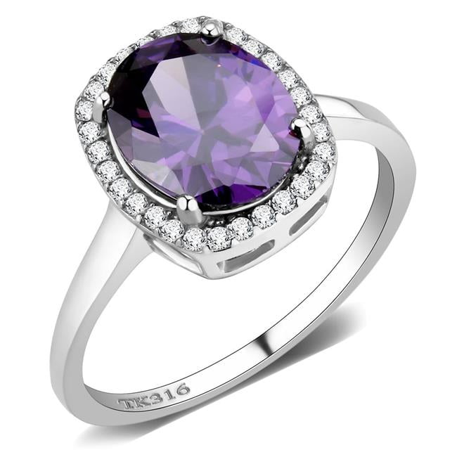 Women High Polished Stainless Steel Ring with AAA Grade CZ in Amethyst - Size 8