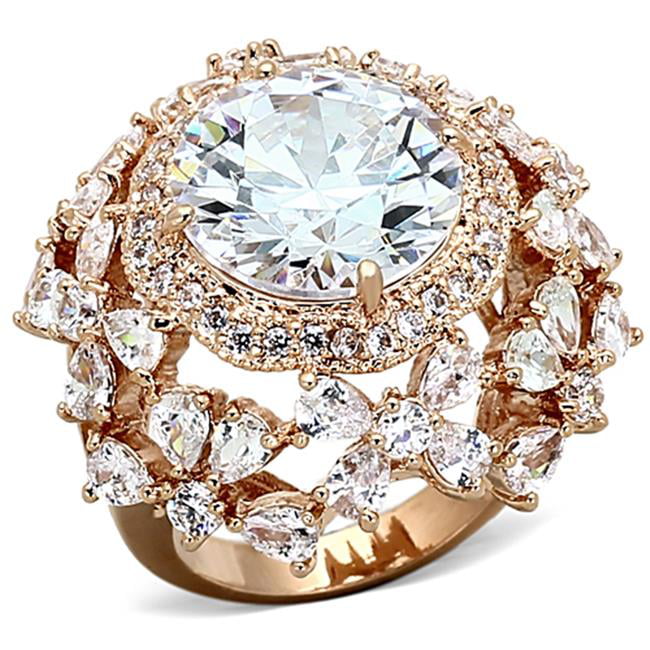 Women Rose Gold Brass Ring with AAA Grade CZ in Clear - Size 7