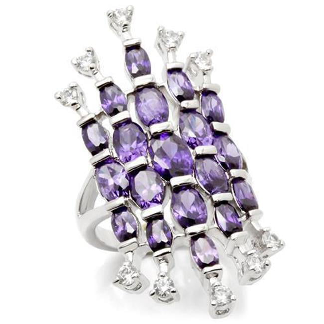 Women Rhodium Brass Ring with AAA Grade CZ in Amethyst - Size 6