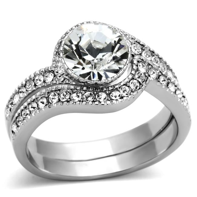 Women High Polished Stainless Steel Ring with Top Grade Crystal in Clear - Size 9