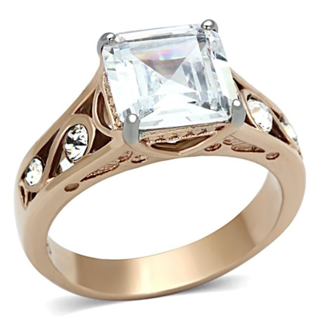 Women Two-Tone IP Rose Gold Stainless Steel Ring with AAA Grade CZ in Clear - Size 5