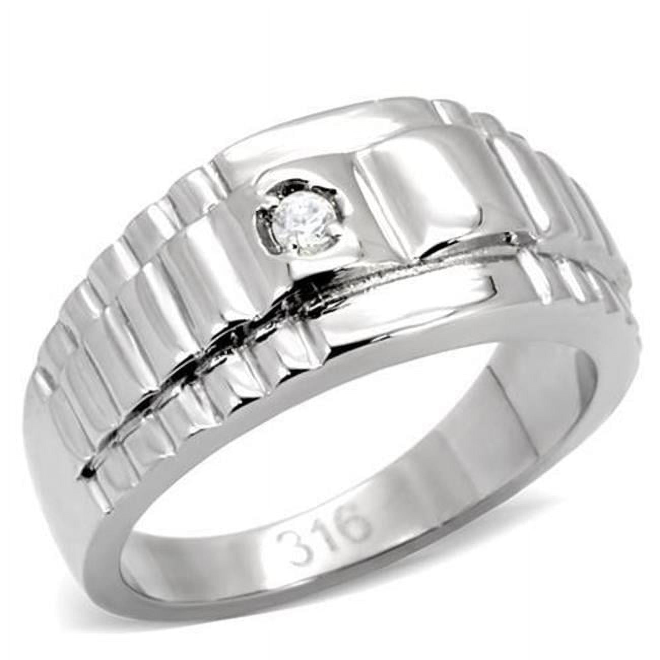 TK120-9 Men High Polished Stainless Steel Ring with AAA Grade CZ in Clear - Size 9