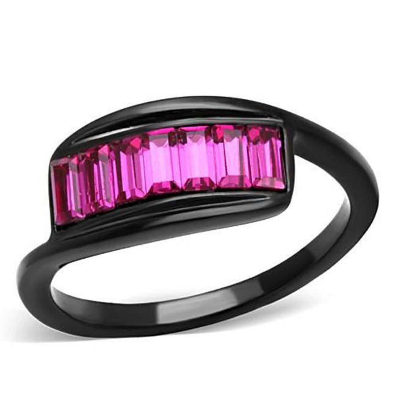 Women IP Black Stainless Steel Ring with Top Grade Crystal in Fuchsia - Size 9