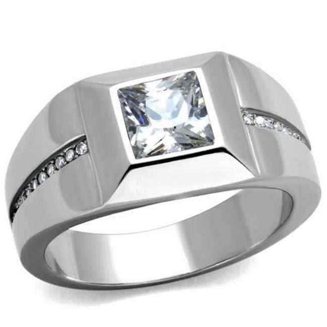 TK1916-13 Men High Polished Stainless Steel Ring with AAA Grade CZ in Clear - Size 13
