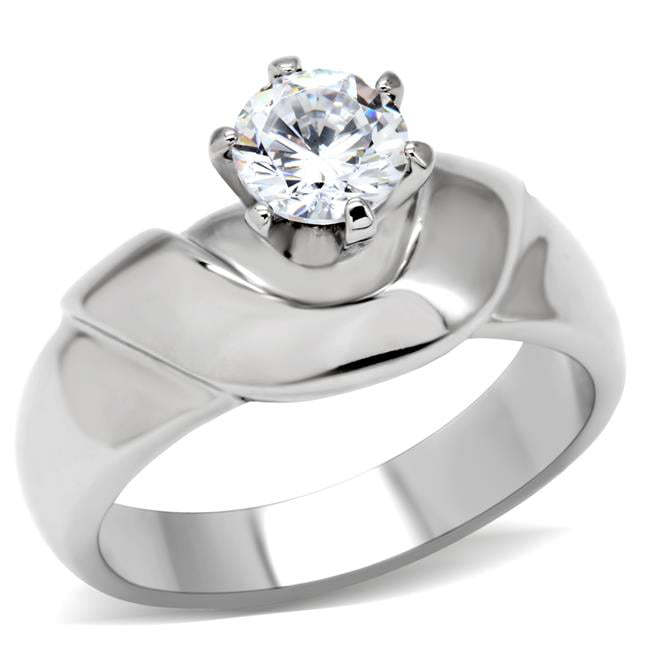 TK191-7 Women High Polished Stainless Steel Ring with AAA Grade CZ in Clear - Size 7