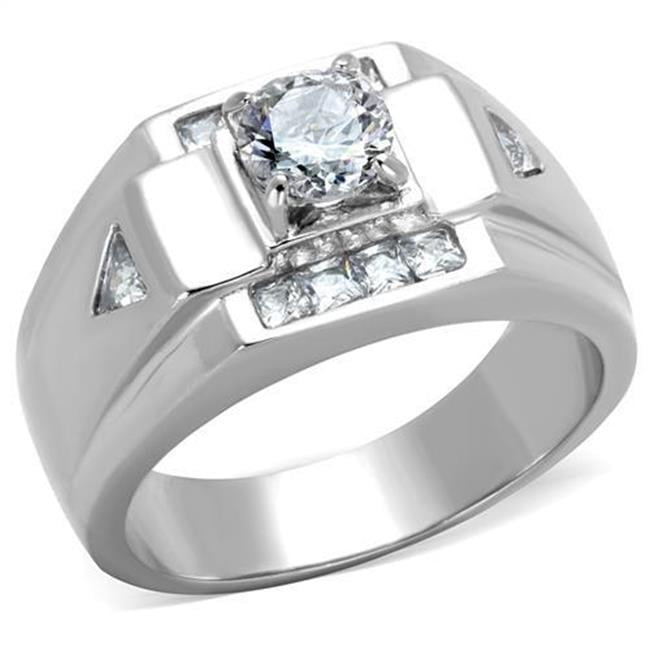 Men High Polished Stainless Steel Ring with AAA Grade CZ in Clear - Size 8