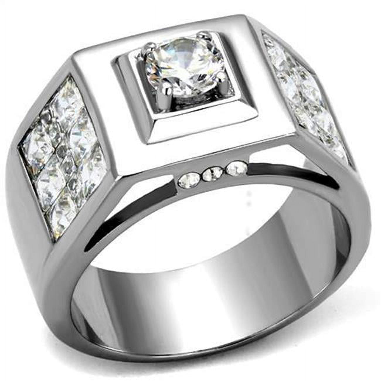 Men High Polished Stainless Steel Ring with AAA Grade CZ in Clear - Size 8