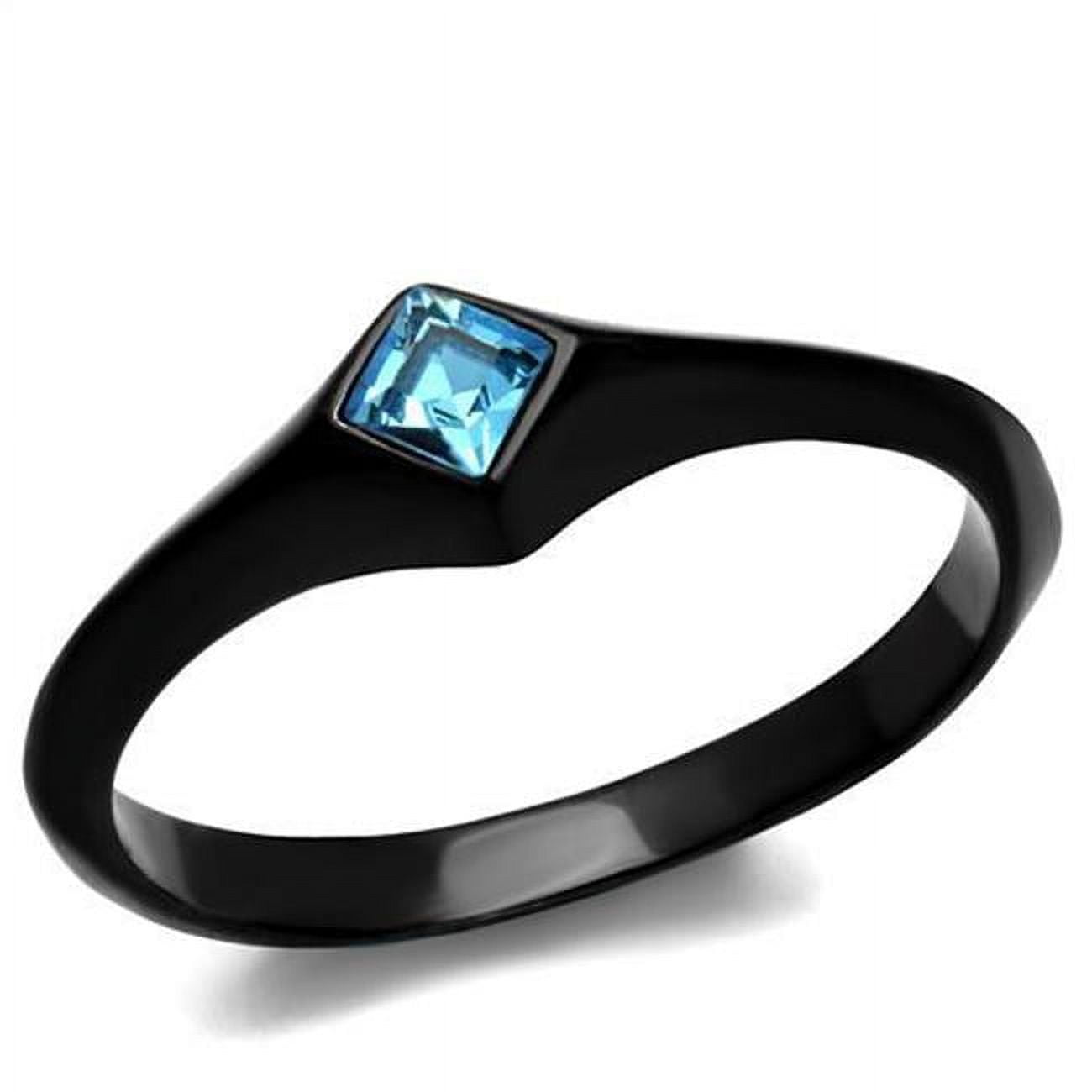 Women IP Black Stainless Steel Ring with Top Grade Crystal in Sea Blue - Size 7