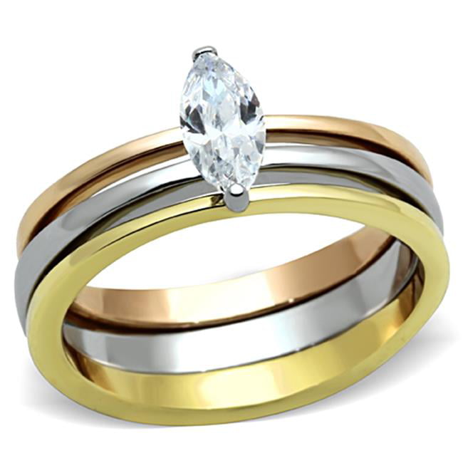 Women Three Tone IP Stainless Steel Ring with AAA Grade CZ in Clear - Size 6