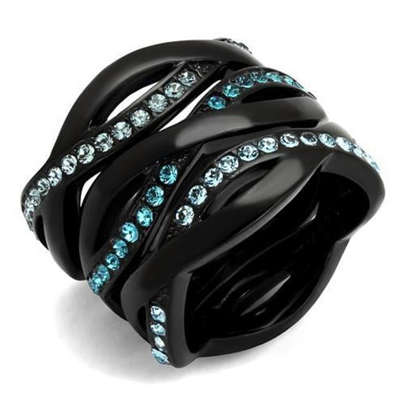Women IP Black Stainless Steel Ring with Top Grade Crystal in Sea Blue - Size 10