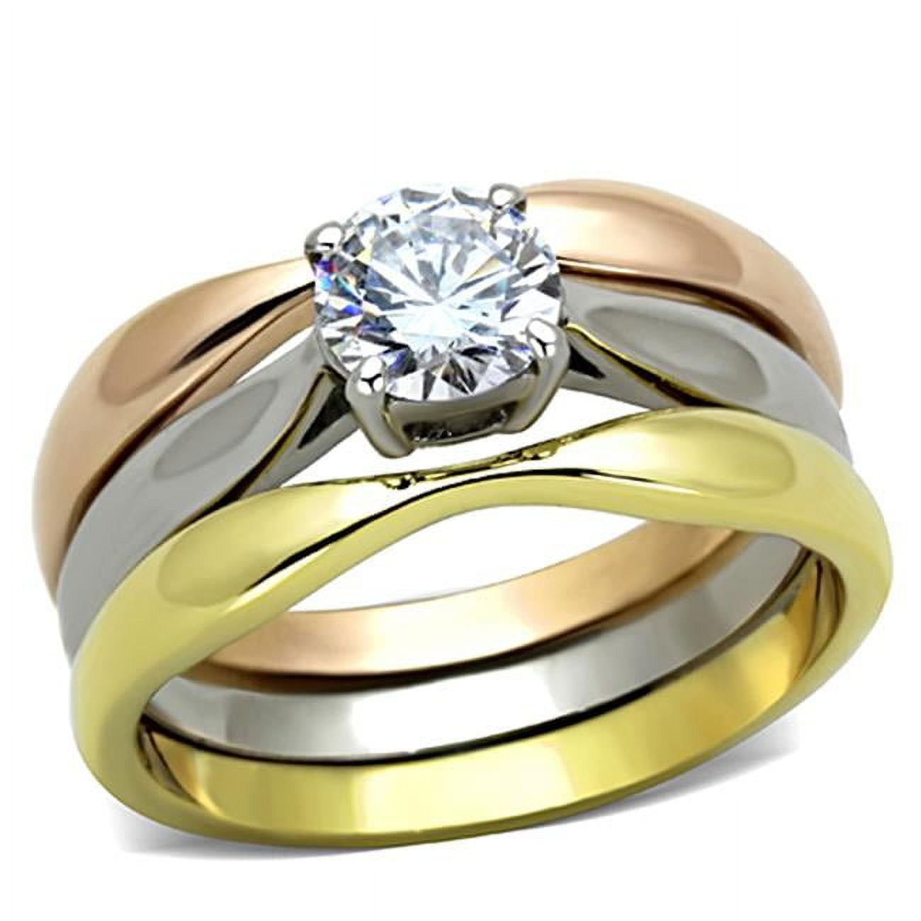Women Three Tone IP Stainless Steel Ring with AAA Grade CZ in Clear - Size 8