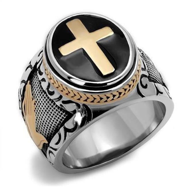 Men Two-Tone IP Rose Gold Stainless Steel Ring with Epoxy in Jet - Size 8