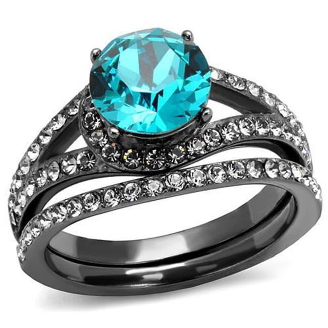 Women IP Light Black Stainless Steel Ring with Top Grade Crystal in Blue Zircon - Size 10