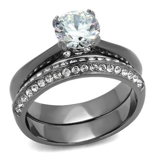 Women IP Light Black Stainless Steel Ring with AAA Grade CZ in Clear - Size 7