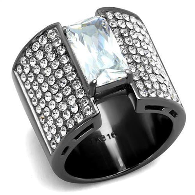 Women IP Light Black Stainless Steel Ring with AAA Grade CZ in Clear - Size 9