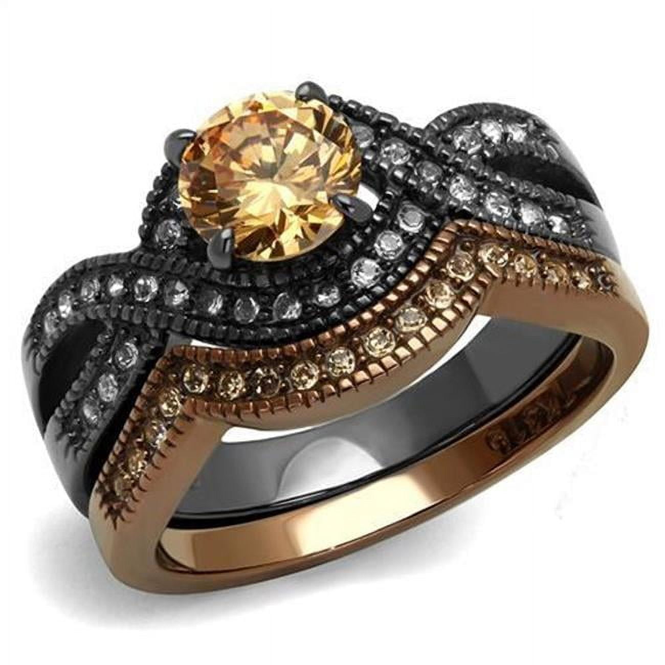 TK2957-7 Women IP Light Black & IP Light Coffee Stainless Steel Ring with AAA Grade CZ in Champagne - Size 7