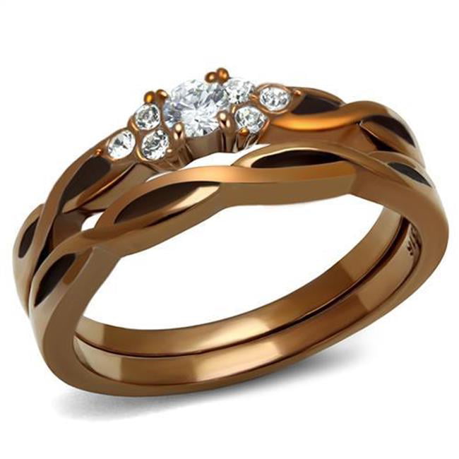 Women IP Coffee Light Stainless Steel Ring with AAA Grade CZ in Clear - Size 6