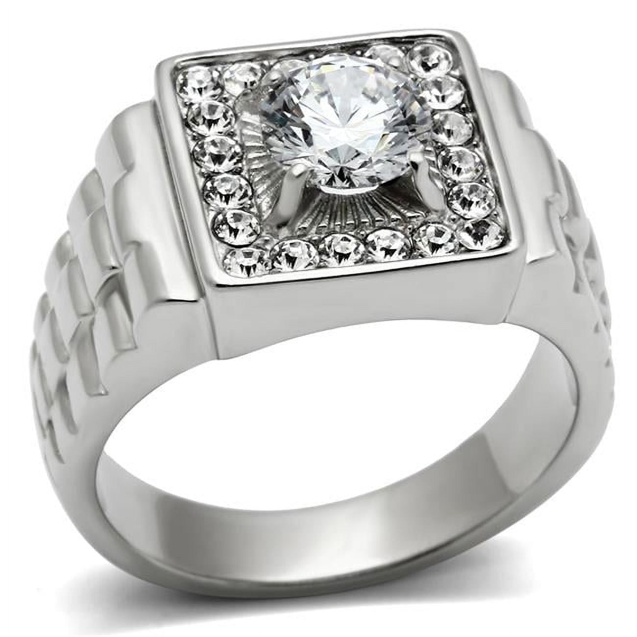 Men High Polished Stainless Steel Ring with AAA Grade CZ in Clear - Size 10