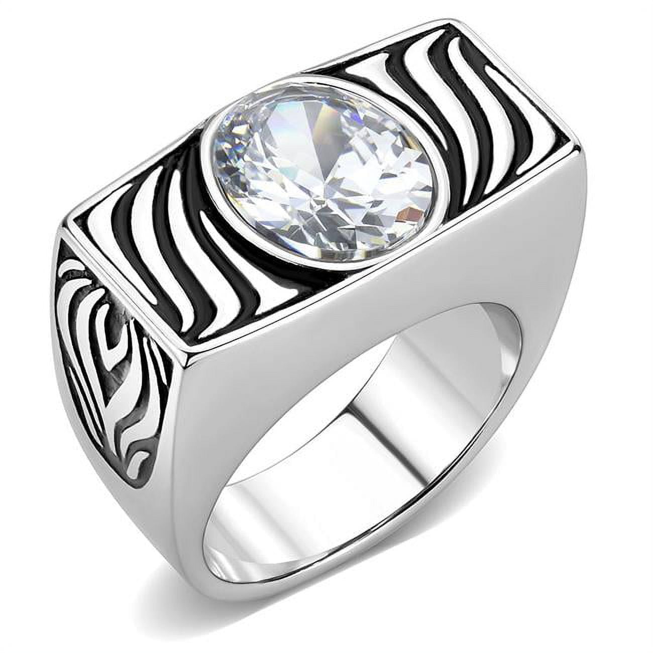 Men High Polished Stainless Steel Ring with AAA Grade CZ in Clear - Size 9