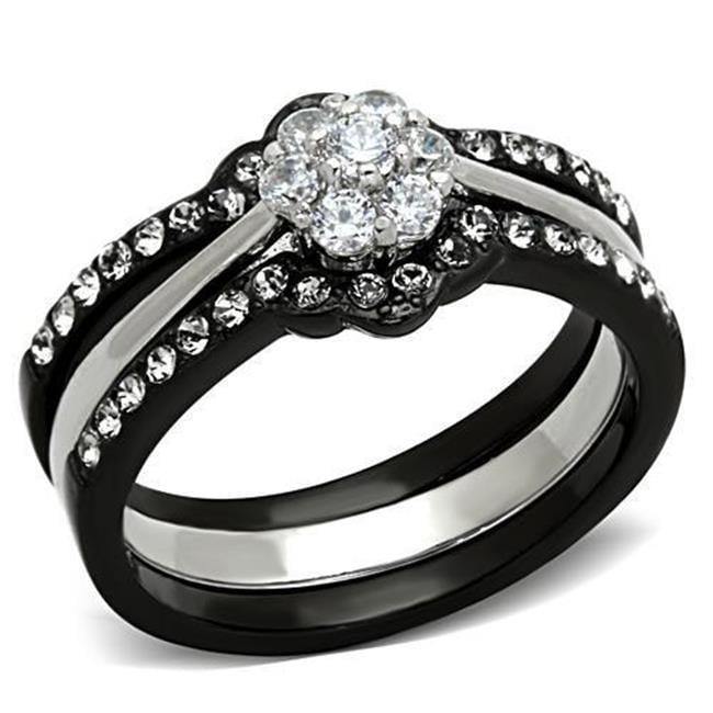 Women Two-Tone IP Black Stainless Steel Ring with AAA Grade CZ in Clear - Size 10