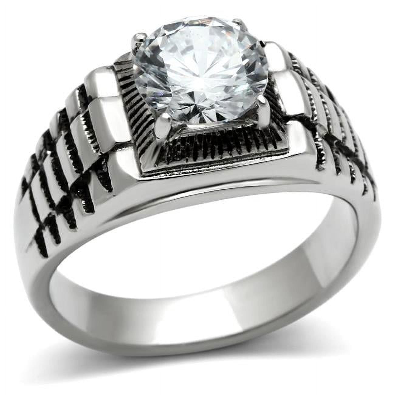 Men High Polished Stainless Steel Ring with AAA Grade CZ in Clear - Size 10