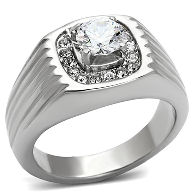 Men High Polished Stainless Steel Ring with AAA Grade CZ in Clear - Size 9