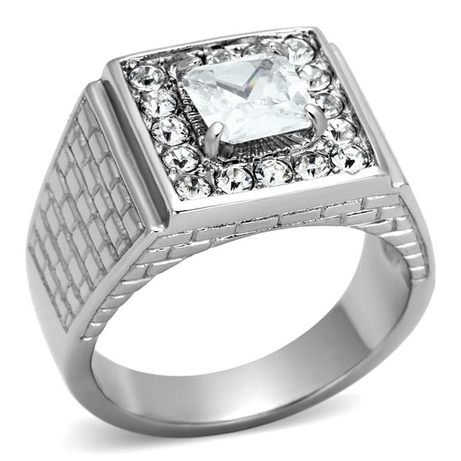 TK955-12 Men High Polished Stainless Steel Ring with AAA Grade CZ in Clear - Size 12