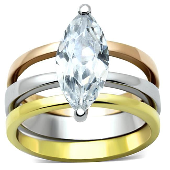 TK964-5 Women Three Tone IP Stainless Steel Ring with AAA Grade CZ in Clear - Size 5