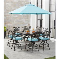 Hanovertraddn9pcbrsqg Su B High Dining Set In Blue With 8 Swivel Chairs A 60 In Square Glass Top Table Umbrella Stand 9 Piece Dailymail