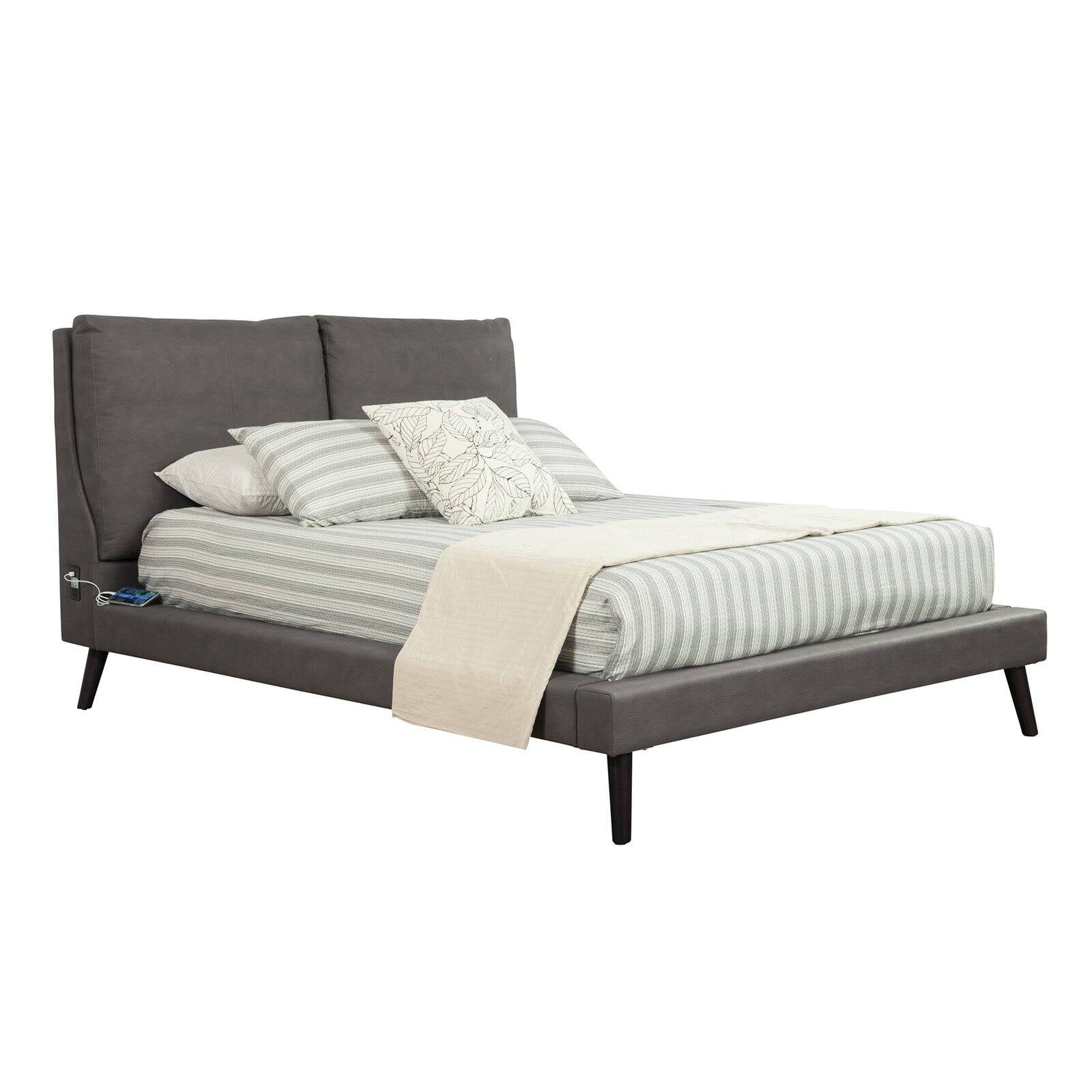 Gabriela Platform Bed, Grey Upholstery, Black Legs - Full Size