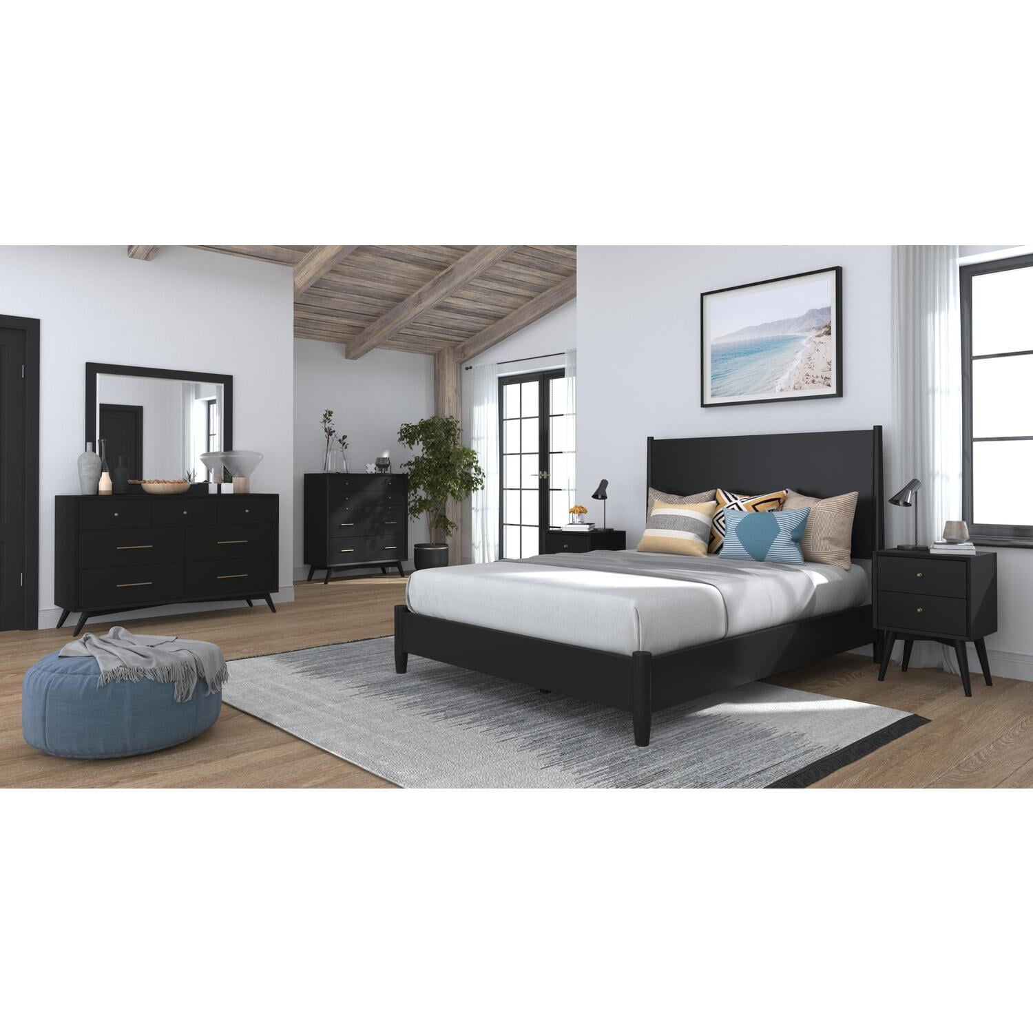 Picture of Alpine Furniture 966BLK-01Q Flynn Mid Century Modern Queen Size Panel Bed, Black - 52 x 65 x 86 in.