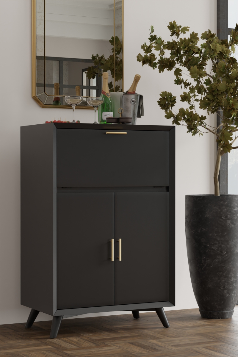 Picture of Alpine Furniture 966BLK-16 Flynn Large Bar Cabinet with Drop Down Tray&#44; Black