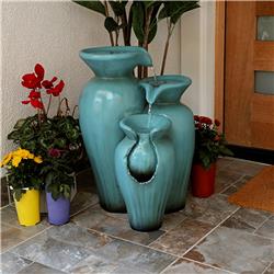 Alpine DIG246TUR 3-Tier Rustic Turquoise Ceramic-Look Jars Fountain