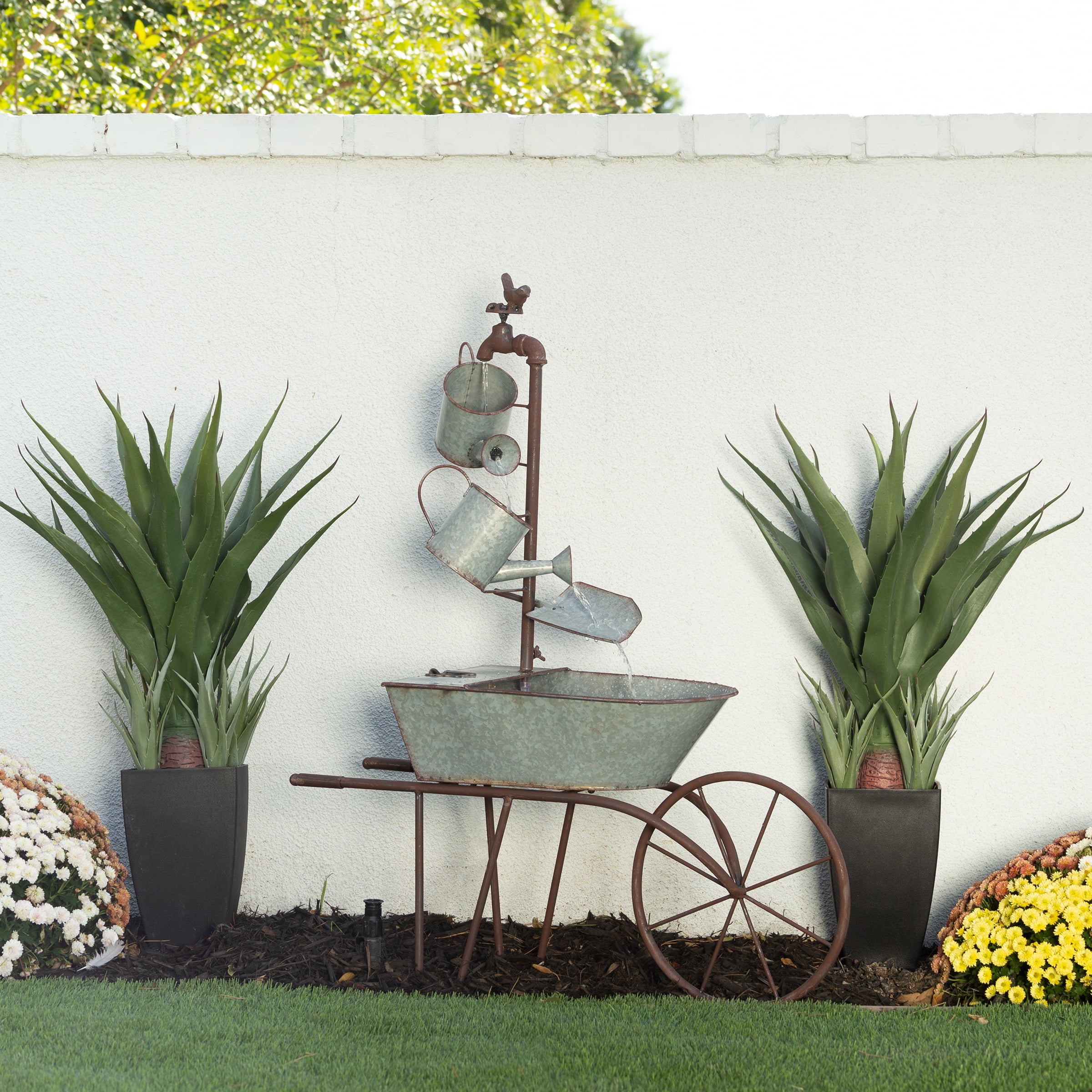 Metal Watering Can Wheelbarrow Fountain