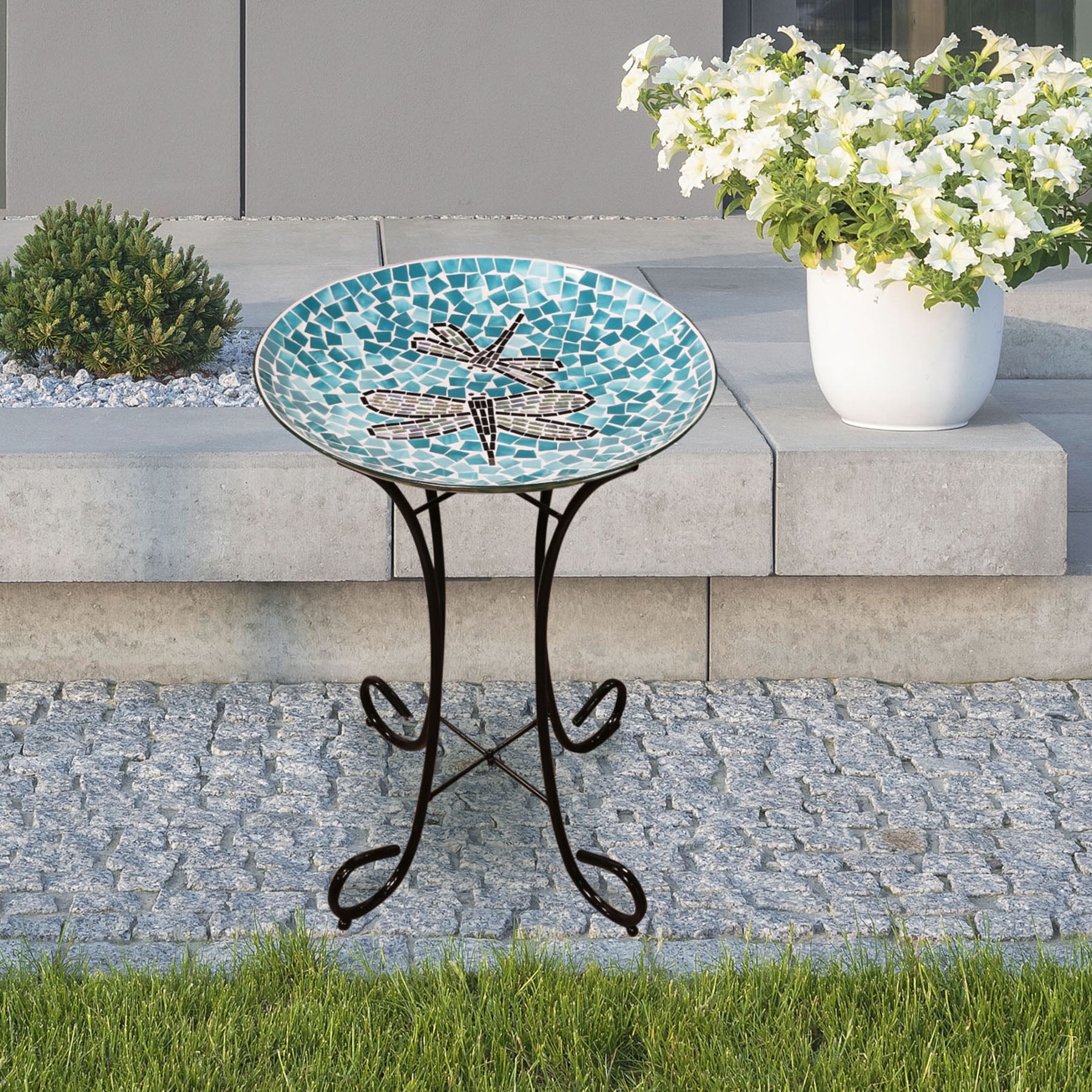Picture of Alpine HMD196A 18 in. Dragonfly Duo Mosaic Glass Birdbath with Metal Stand