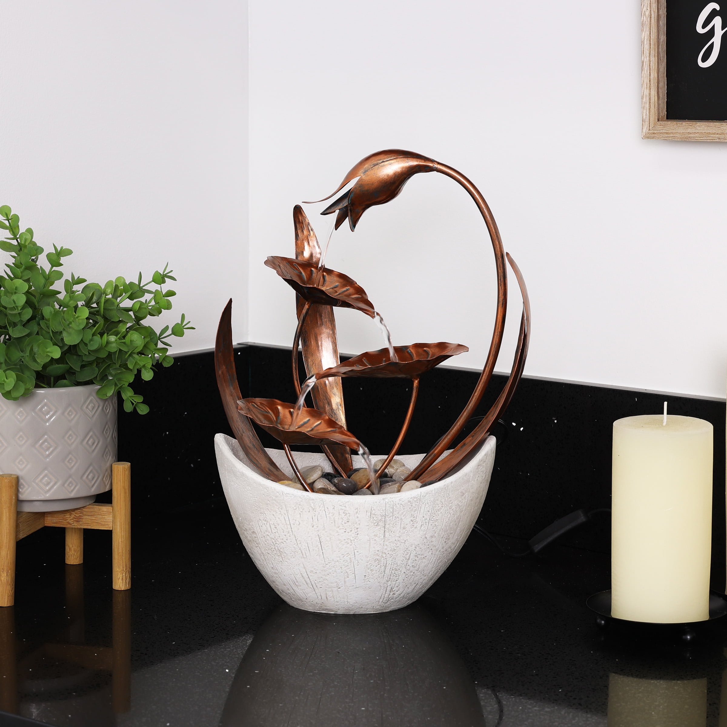 Metal Floral Leaf Multi-Tier Tabletop Fountain with Stones