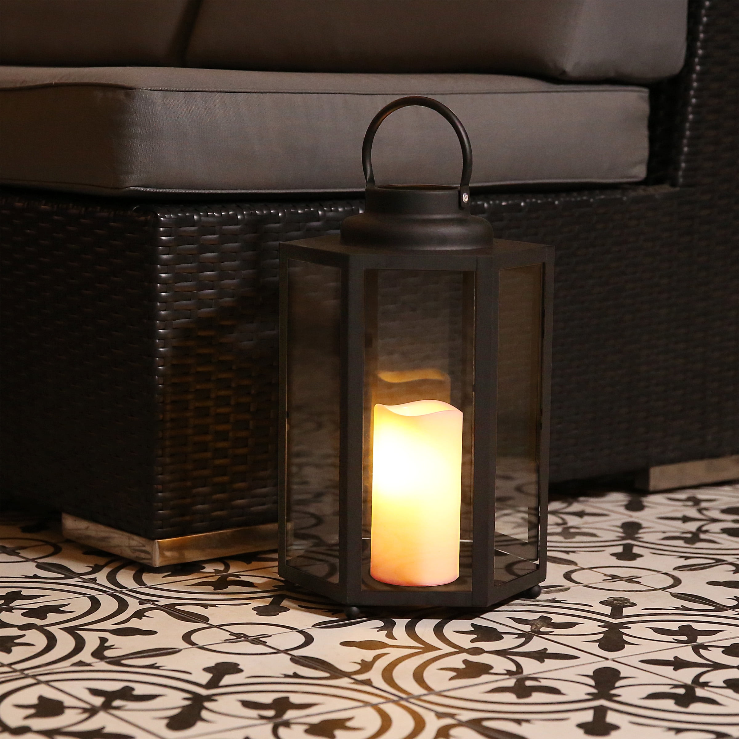 Picture of Alpine IVY104HH-S Black Hexagonal Candlelit Lantern with Warm White LEDs - Small