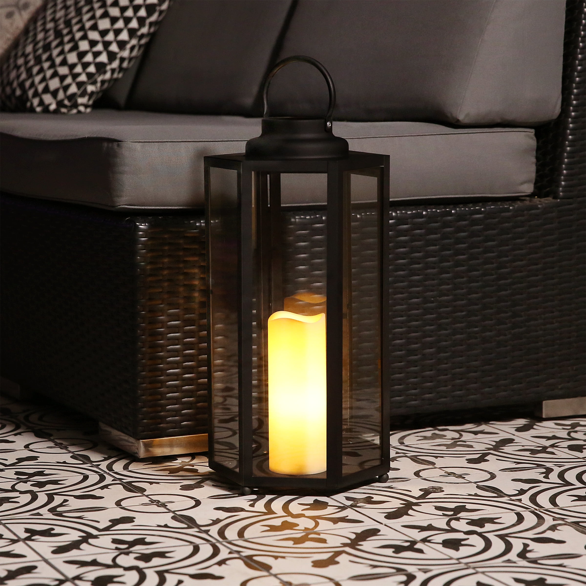 Picture of Alpine IVY104HH-L Black Hexagonal Candlelit Lantern with Warm White LEDs - Large