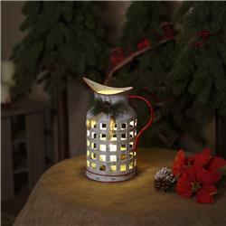 White Metal Pitcher with Candle Decor & Warm White LED Lgt