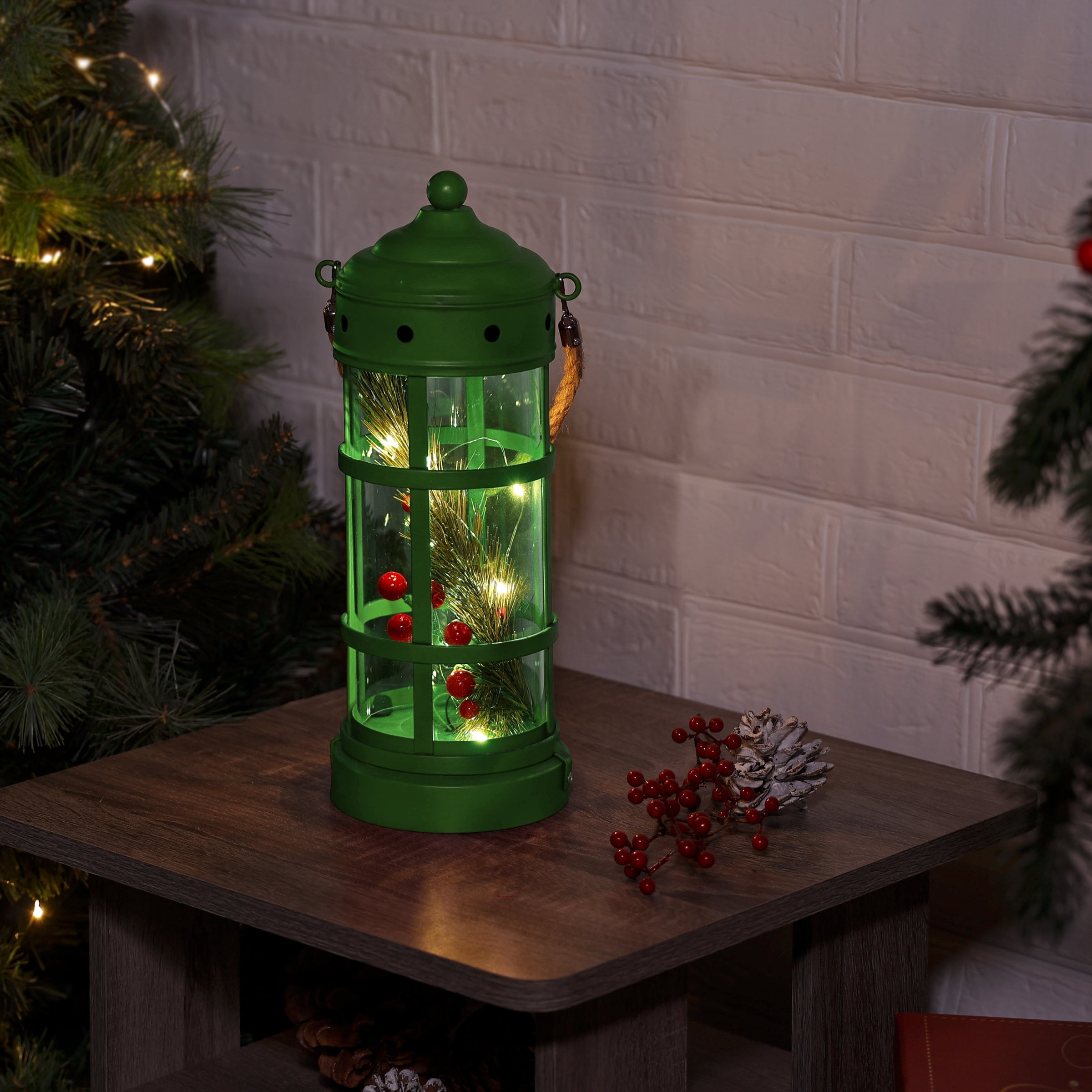 Picture of Alpine LJJ1346GN Green Metal & Glass Lantern with 8 Warm White LED Lights