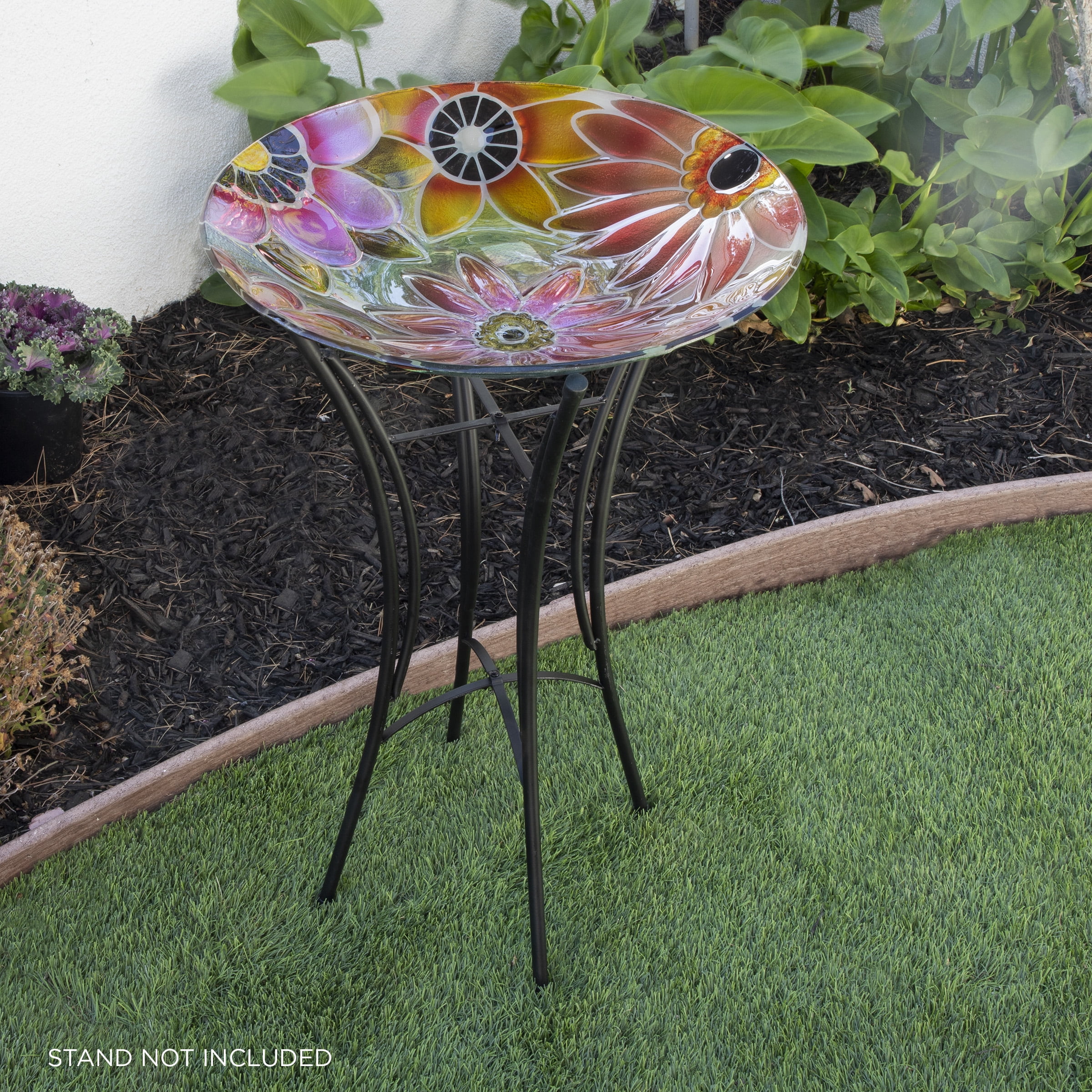 Picture of Alpine KPP604T-18 18 in. Glass Birdbath with Colorful Flowers Paint Finish