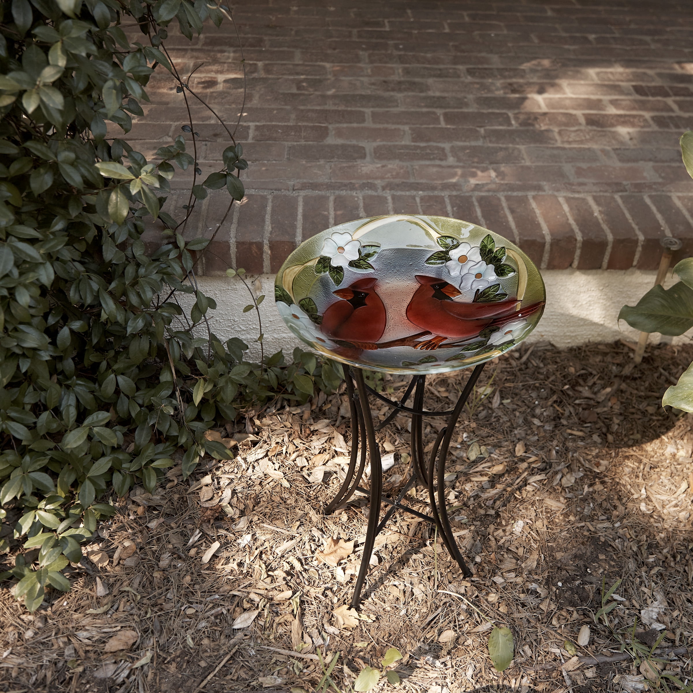 Picture of Alpine KPP608T-18 18 in. Glass Birdbath with Red Cardinal Bird Painted Finish