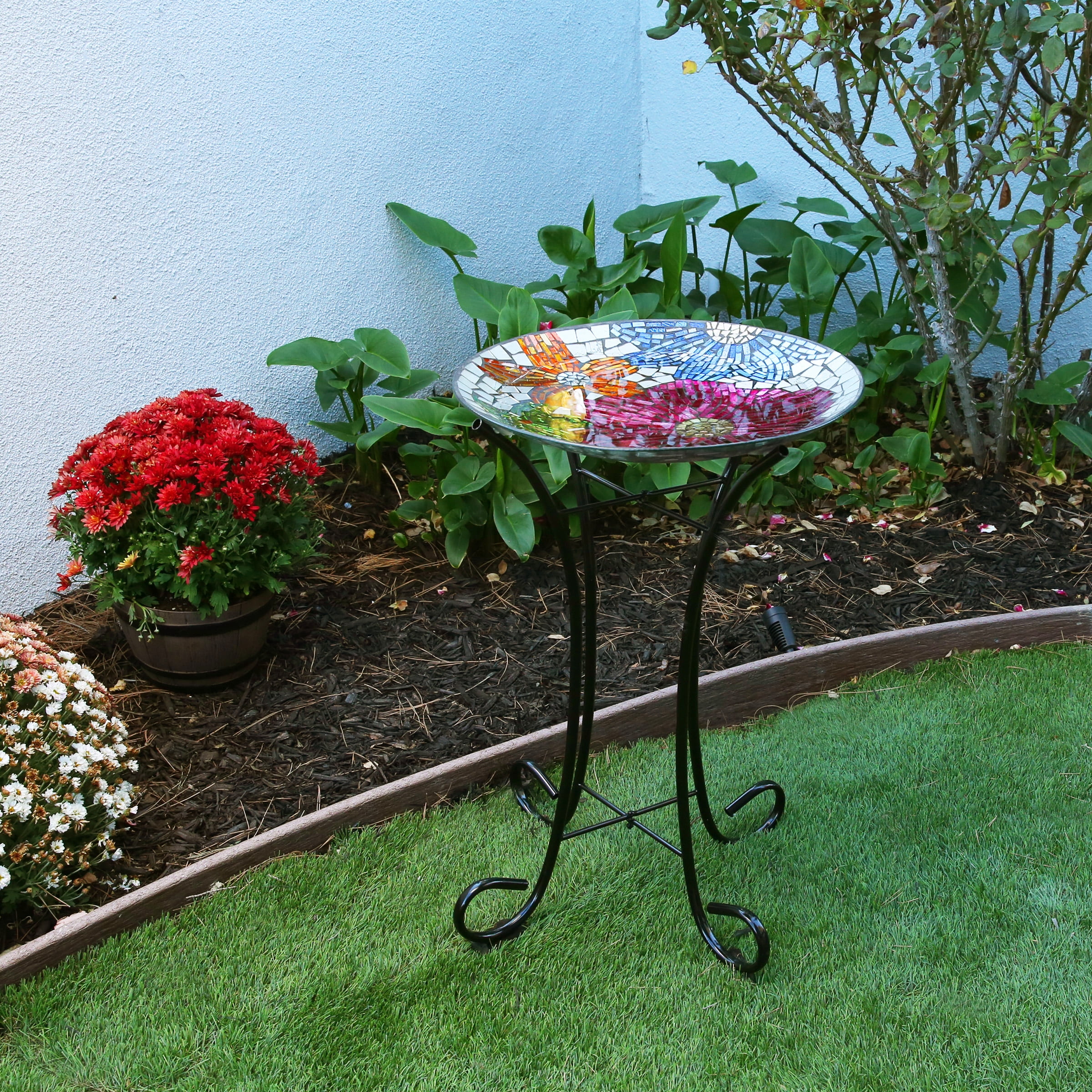 Picture of Alpine HMD106A 18 in. Floral Metallic Mosaic Glass Birdbath with Metal Stand