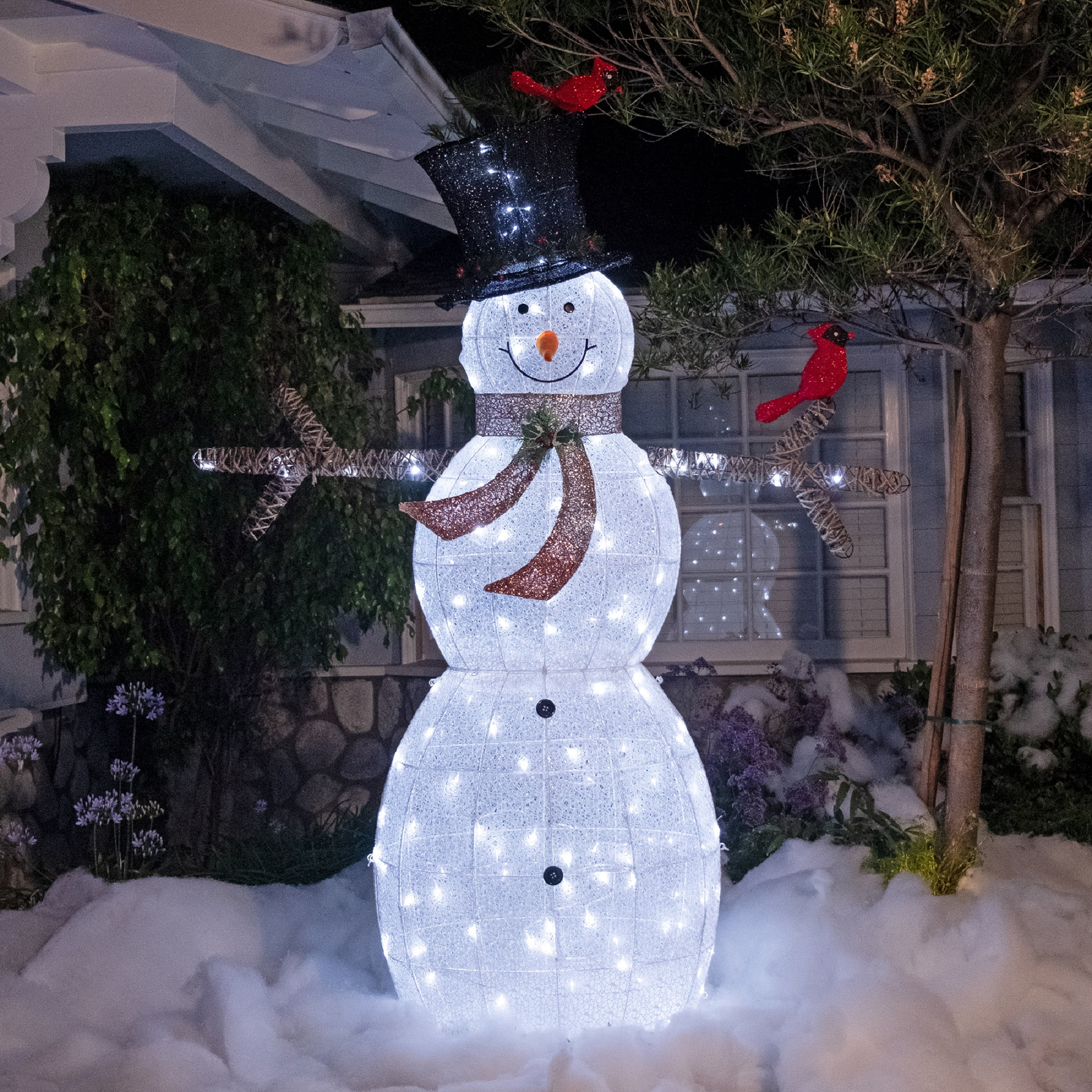 Picture of Alpine CHT891L White Mesh Snowman with Birds & 140 Cool White LED Lights - Large