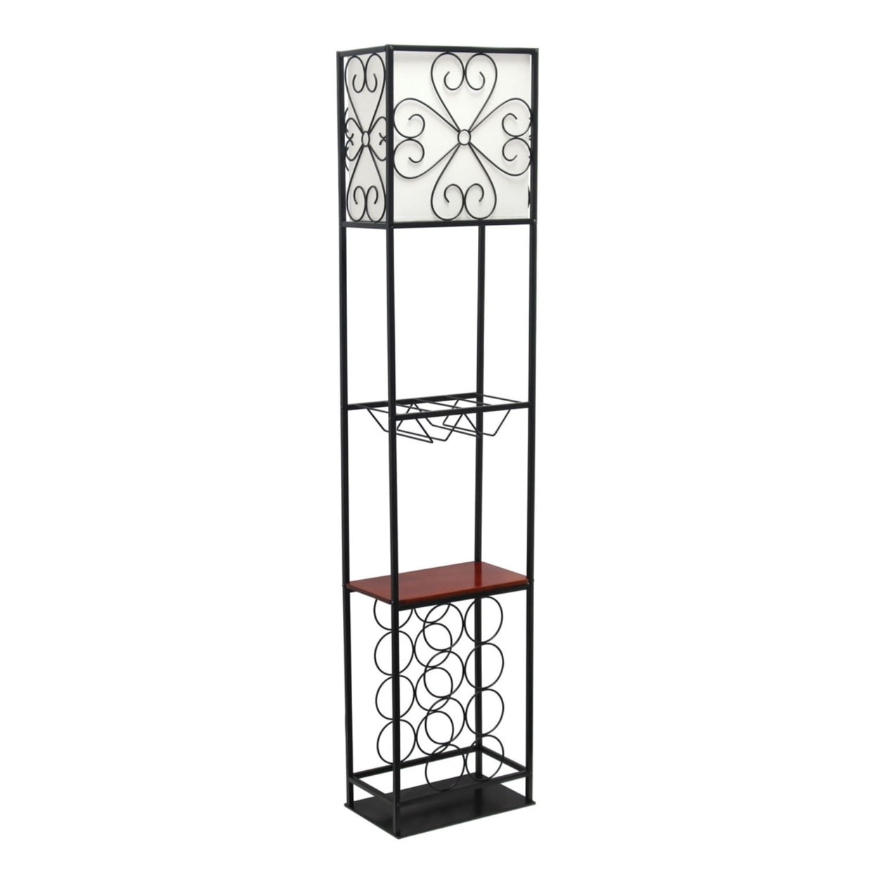 Picture of Elegant Designs Etagere Organizer Wood Accented Storage Shelf and Wine Rack with Linen Shade Floor Lamp&#44; Black
