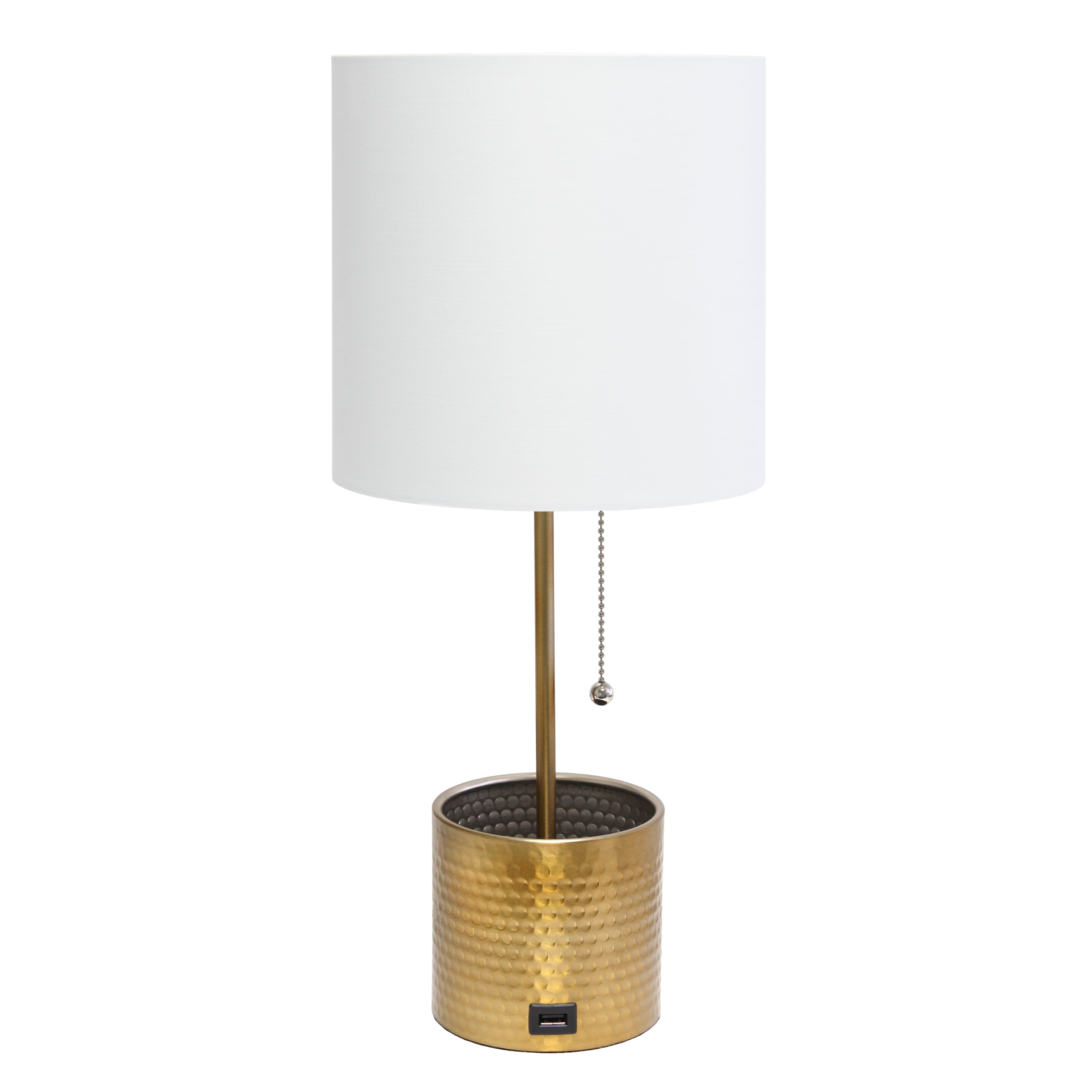 Picture of  Simple Designs Hammered Metal Organizer Table Lamp with USB charging port and Fabric Shade&#44; Gold